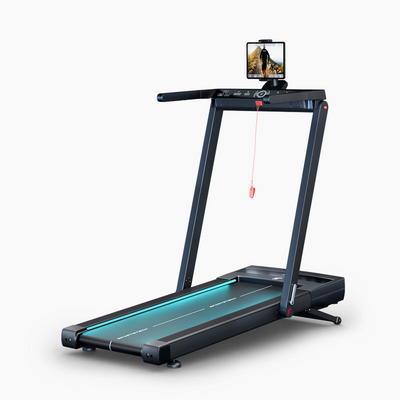 sTread Fold Pro Laufband aufgeklappt in 3/4-Ansicht mit türkis beleuchtetem Band und Tablet-Halterung
