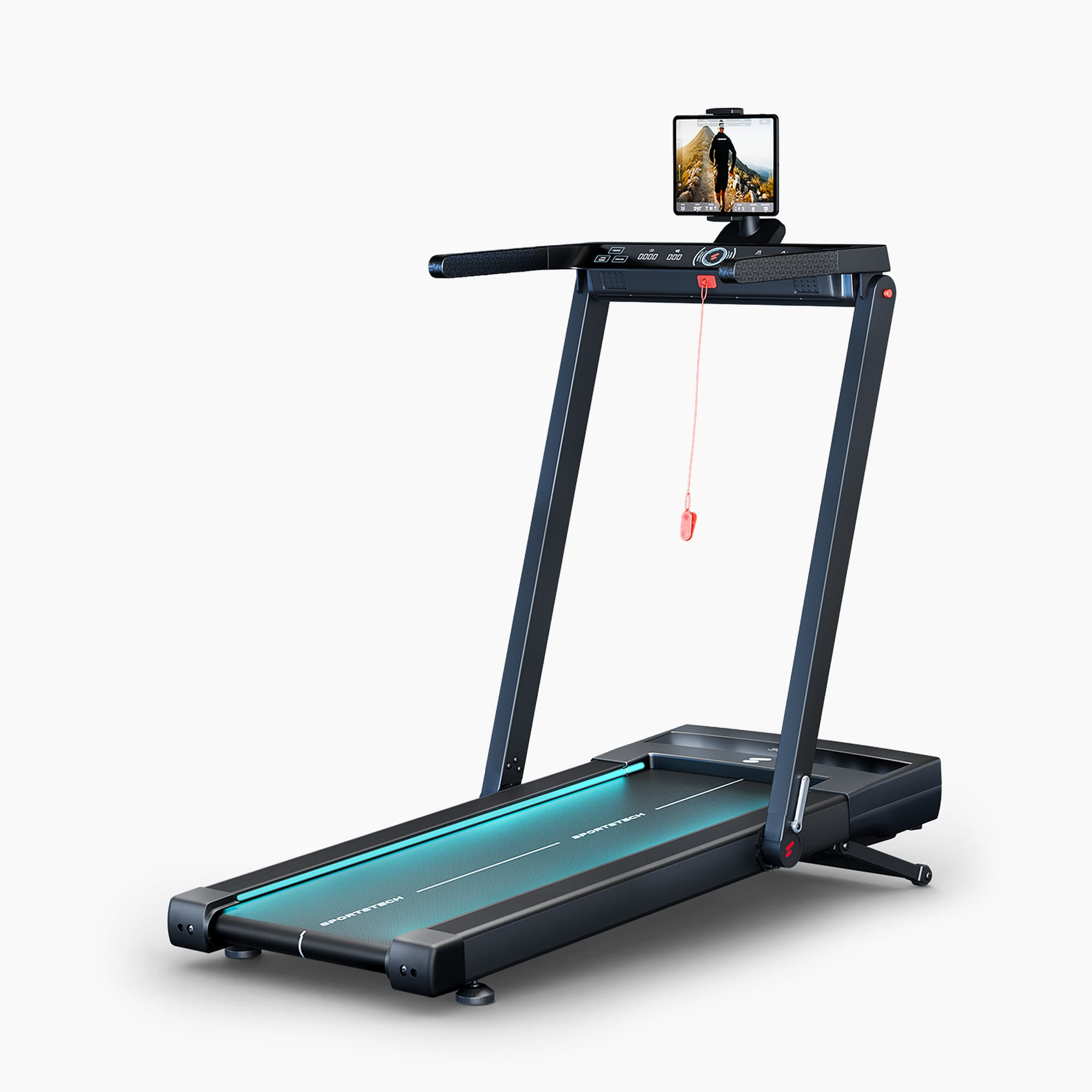 sTread Fold Pro Laufband aufgeklappt in 3/4-Ansicht mit türkis beleuchtetem Band und Tablet-Halterung