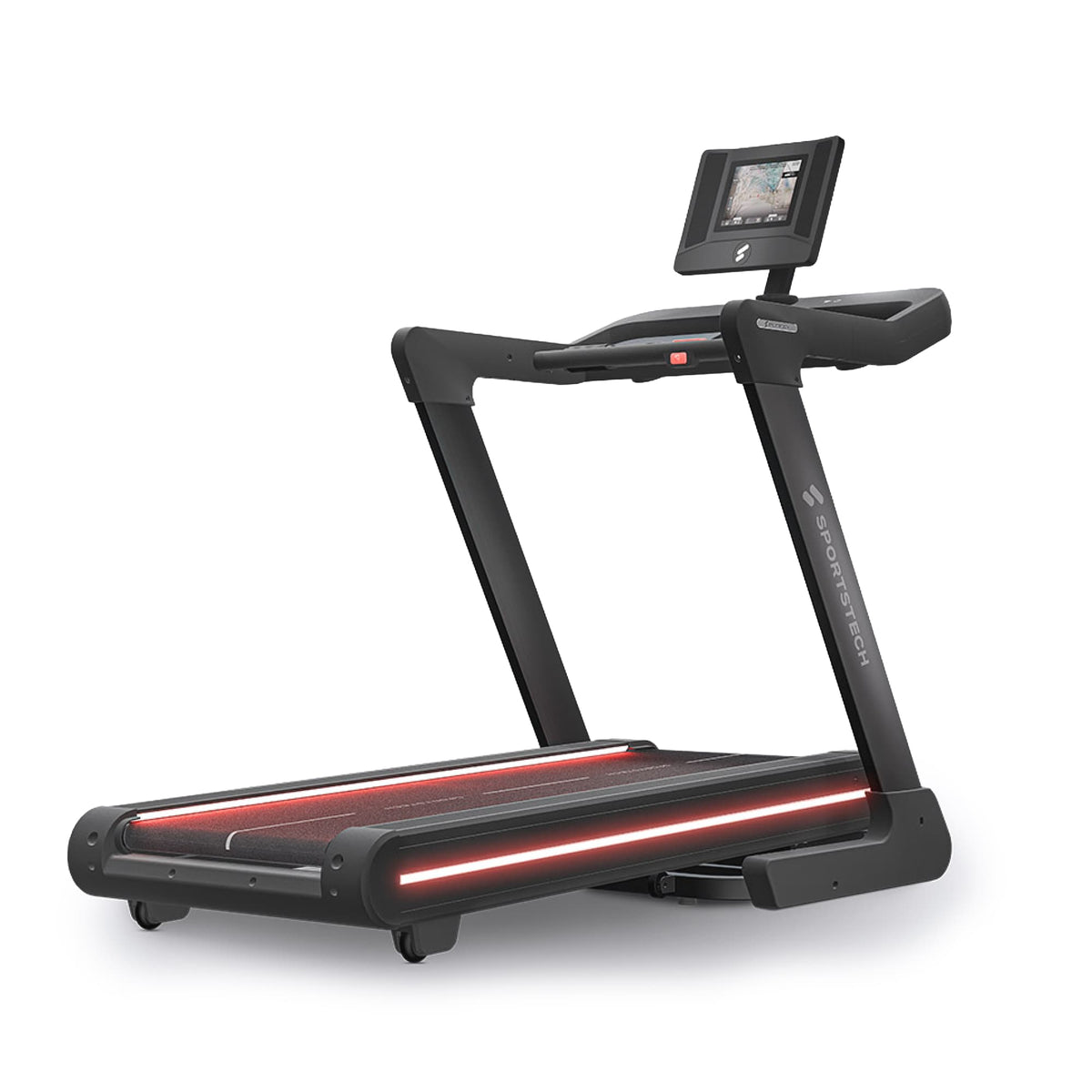 sTread Pro Laufband freigestellt von schräg vorn mit 10,1-Zoll-Display und roter LED-Leiste