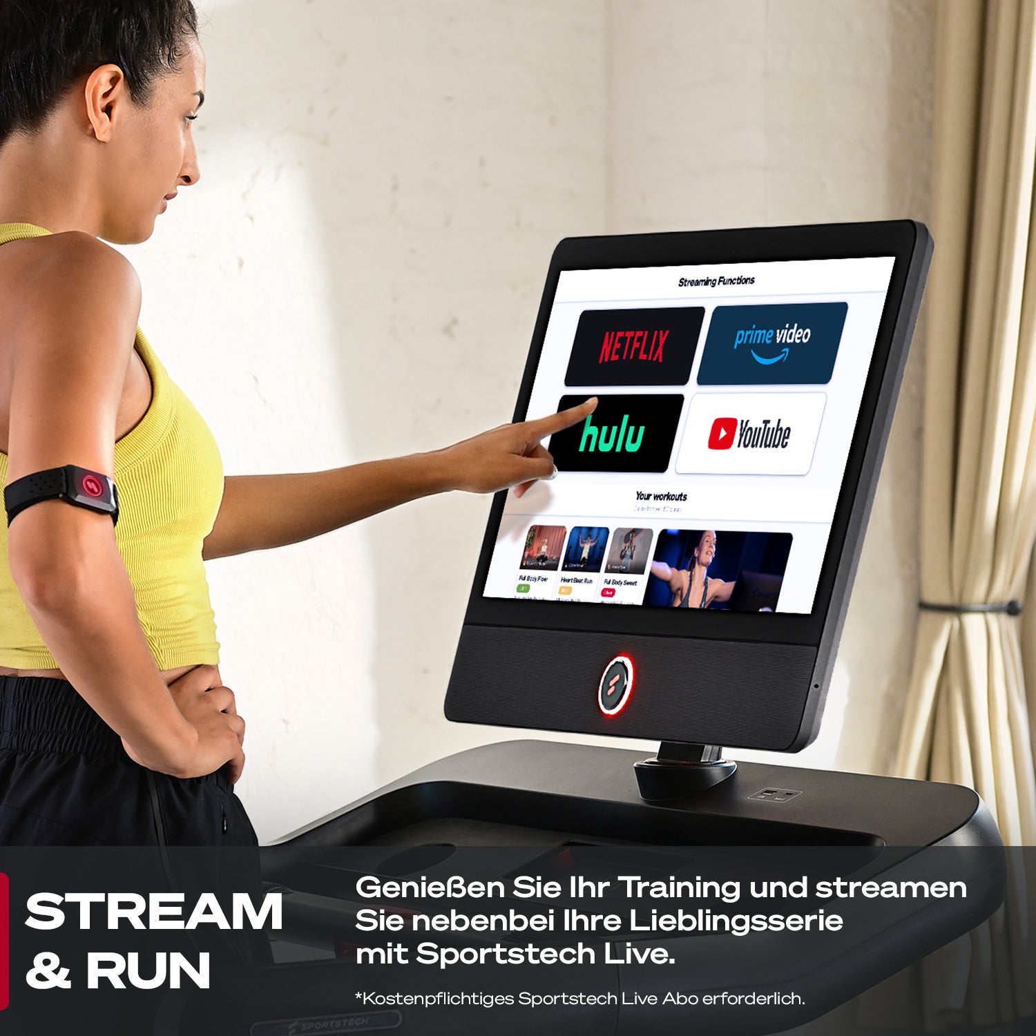 Frau tippt auf dem Laufband-Display Streaming-Dienste Netflix, Prime Video, Hulu und YouTube an