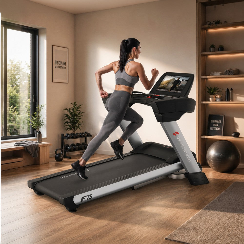 Sportstech F75 Profi-Laufband im Wohnraum, Frau beim Lauftraining