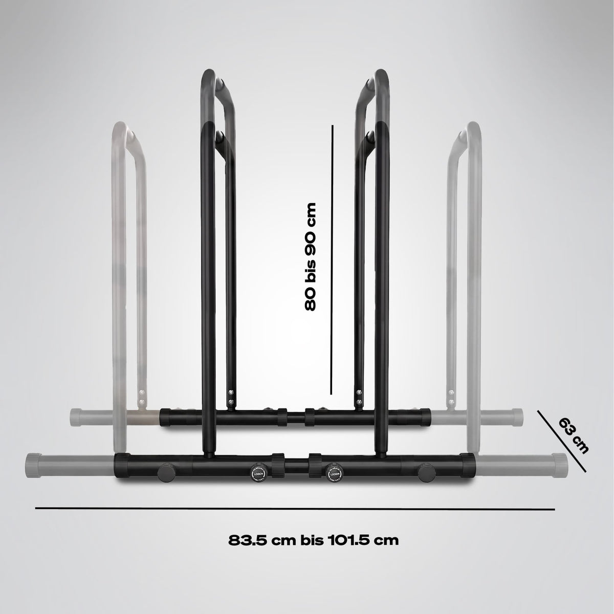 Maßgrafik der PT500: Höhe 80 bis 90 cm, Breite 83,5 bis 101,5 cm, Tiefe 63 cm