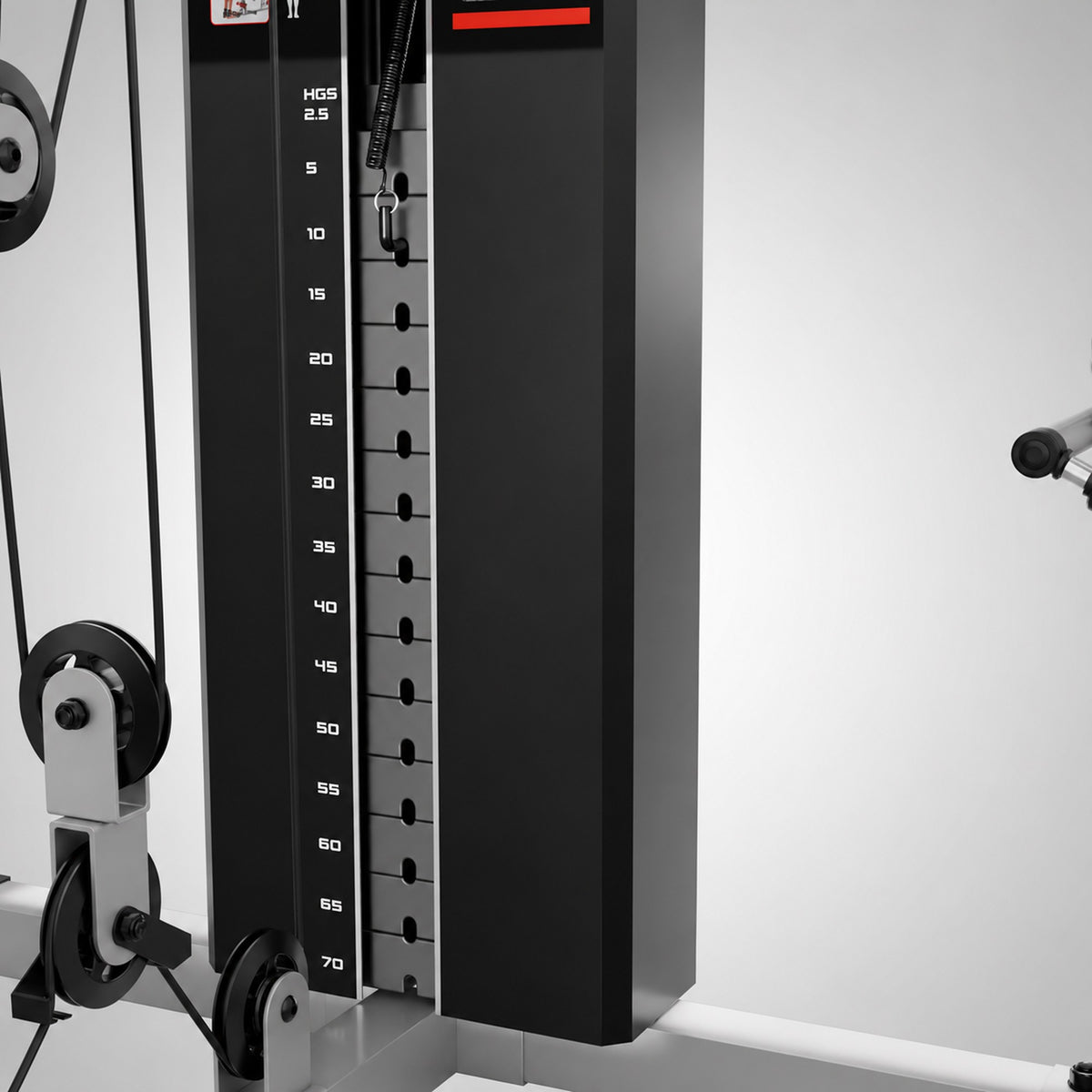 Detailaufnahme des Steckgewichtsblocks der HGX200 mit Umlenkrollen und Gewichtsskala von 2,5 bis 70 kg