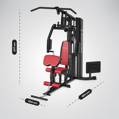 HGX150 Kraftstation freigestellt mit Bemaßung: 217 cm Höhe, 184 cm Tiefe und 104 cm Breite