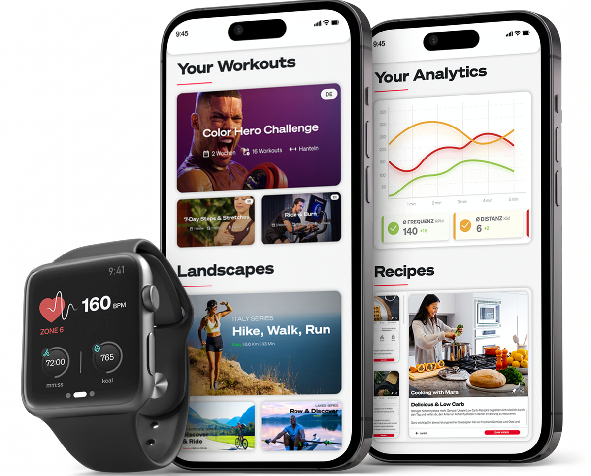 Sportstech Live App auf zwei Smartphones mit Workouts, Landscapes, Analysen und Rezepten, daneben Smartwatch