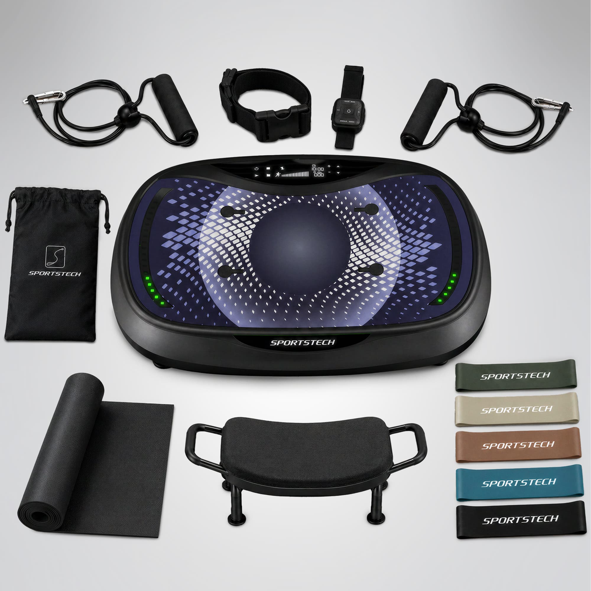 VP500 Vibrationsplatte mit Zubehör: Sitzbank, Trainingsmatte, Zugbänder, Loops, Armband-Fernbedienung, Gurt und Tasche