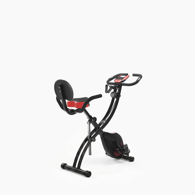 X150 Ergometer in Schwarz-Rot mit Rückenlehne, Sattel und Lenker in seitlicher 3/4-Ansicht