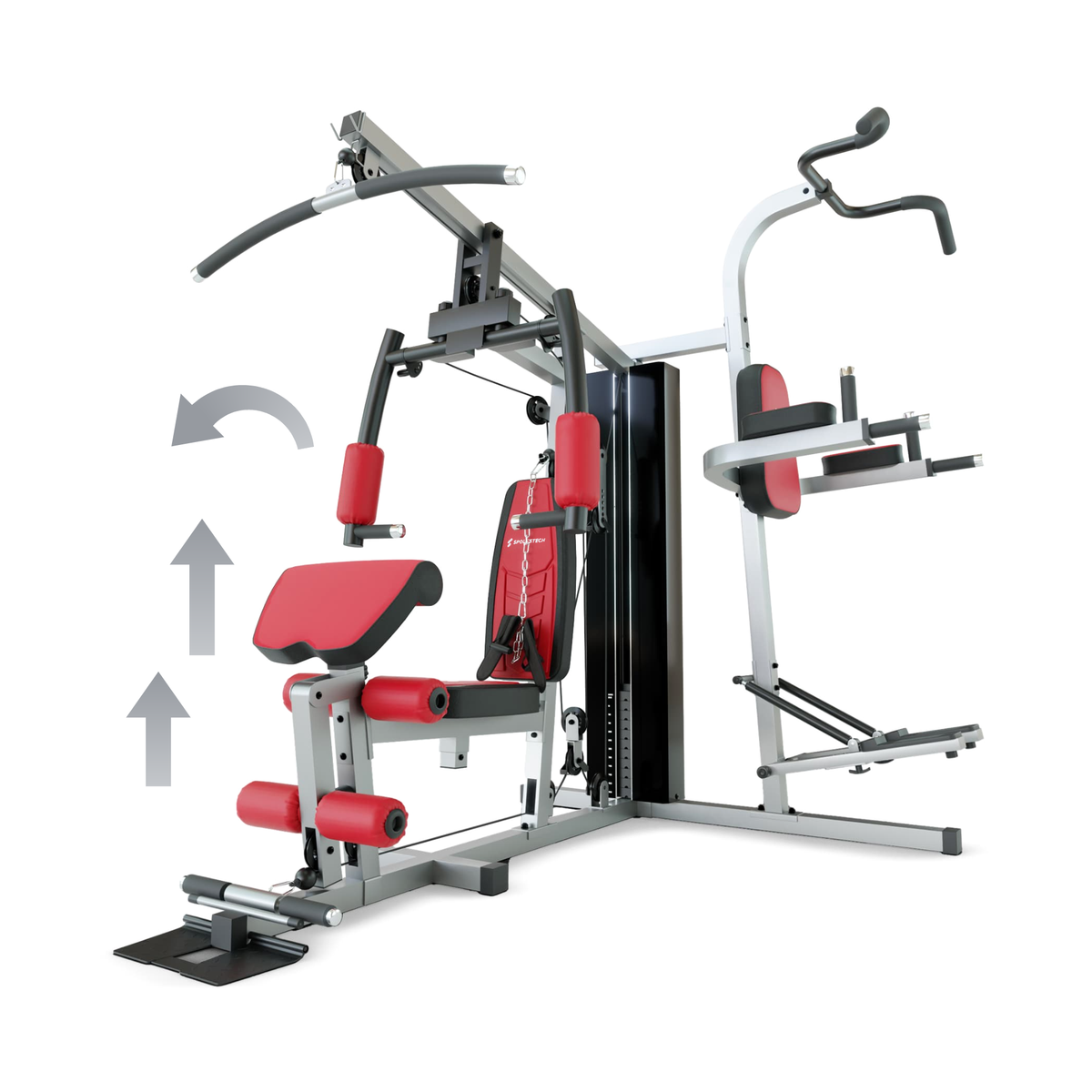 Sportstech HGX200 Kraftstation freigestellt, Pfeile zeigen das Verstellen von Sitz und Polster