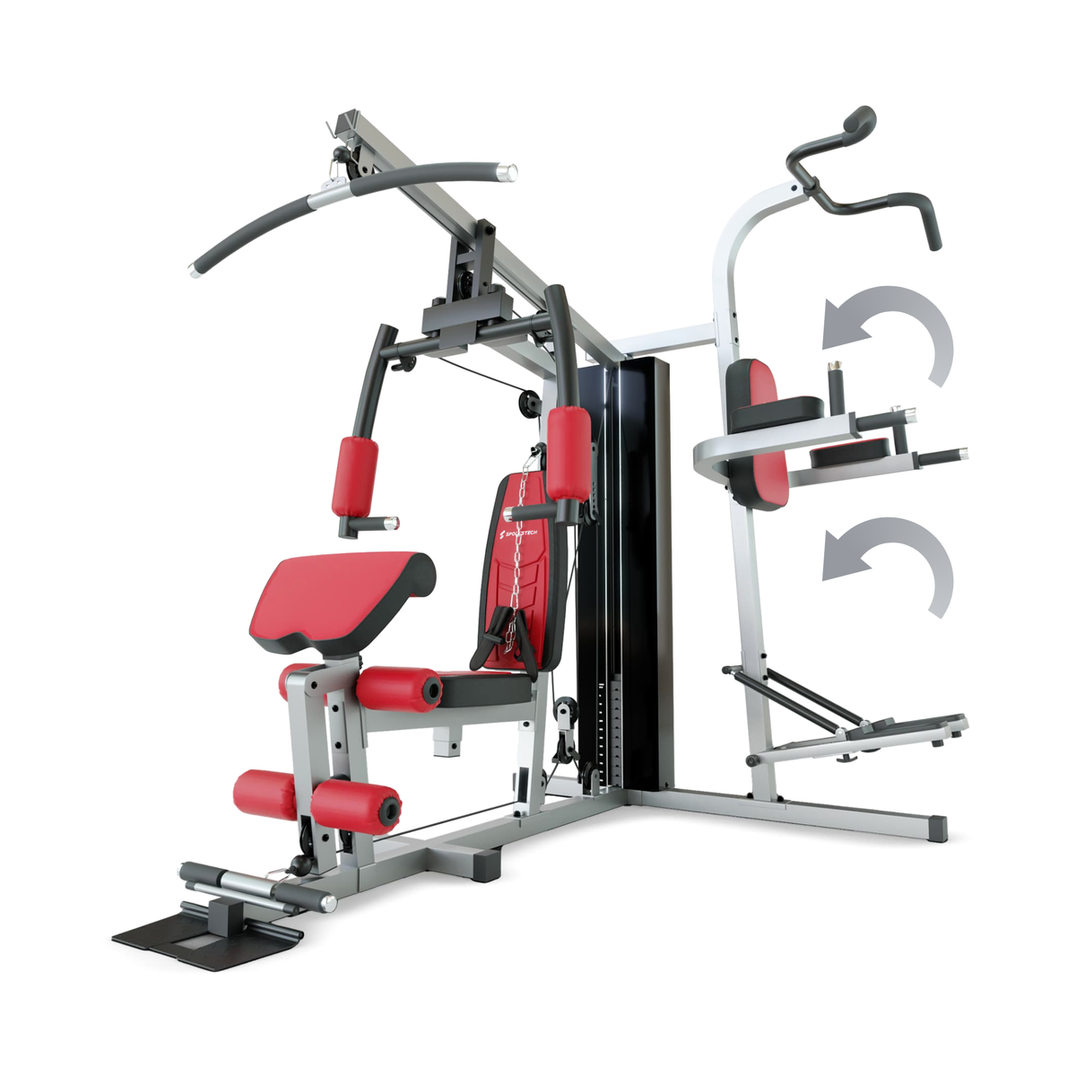 Sportstech HGX200 Kraftstation freigestellt, Pfeile zeigen das Hochklappen der Dip-Station
