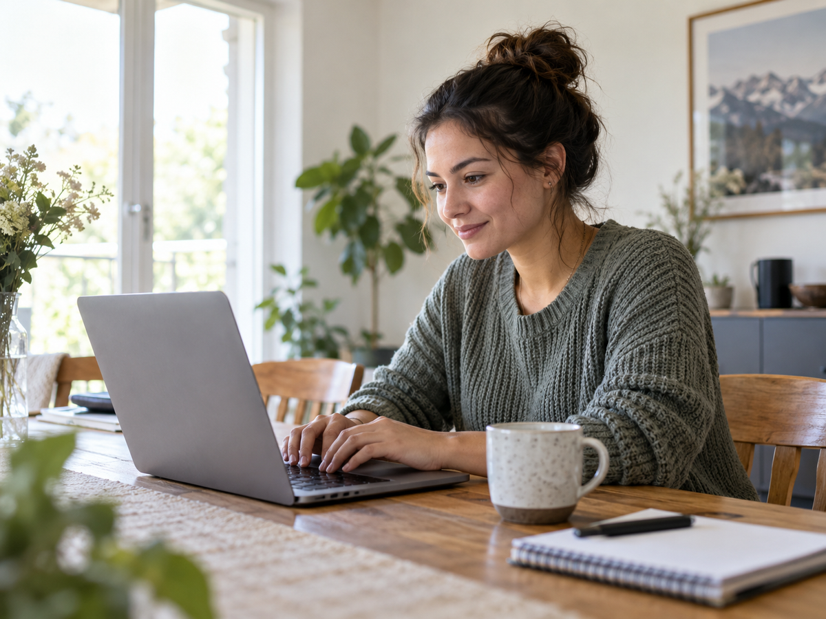 Frau sitzt zuhause am Esstisch und tippt lächelnd am Laptop, Notizbuch und Kaffeetasse daneben