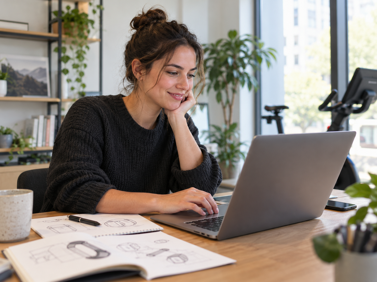 Frau arbeitet am Laptop neben einem aufgeschlagenen Skizzenbuch mit Produktzeichnungen