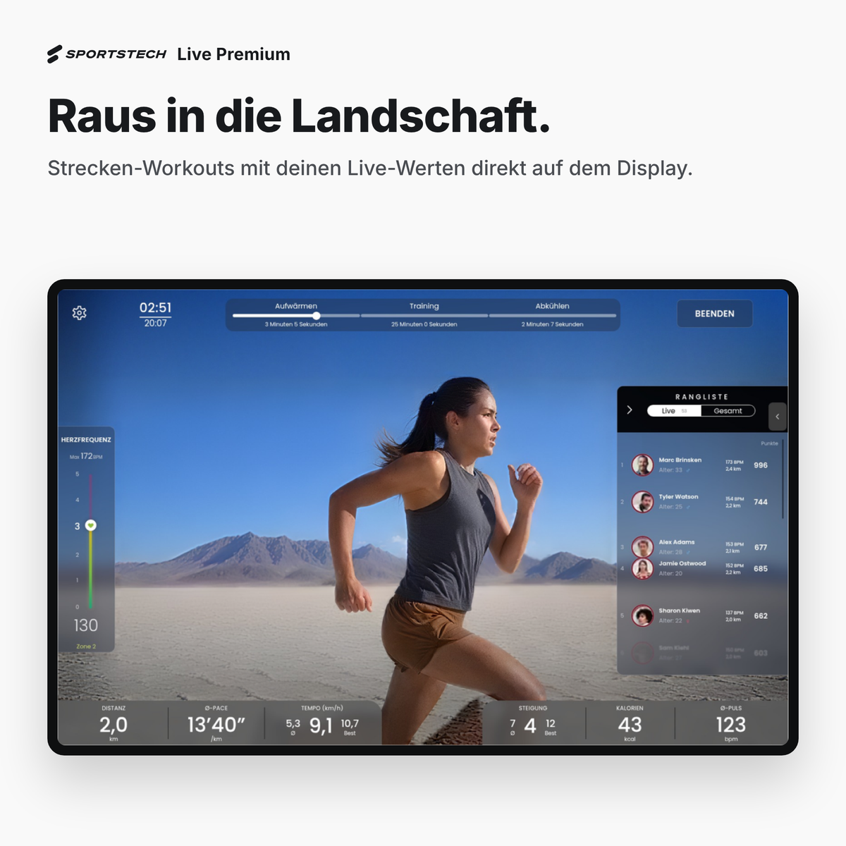 Sportstech Live Premium : entraînement paysage avec données en direct à l’écran