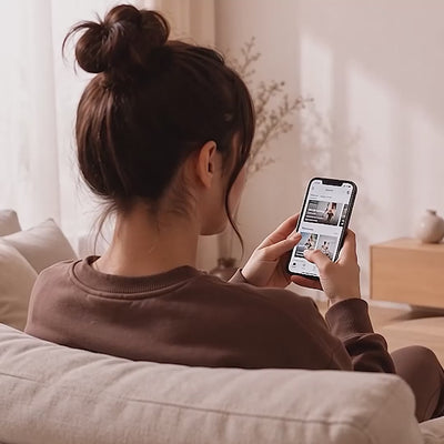 Frau startet die Sportstech Live App am Smartphone und geht auf dem sWalk Lite vor einer Outdoor-Strecke am Fernseher
