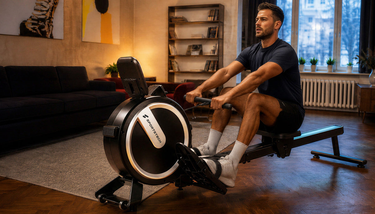 Mann rudert auf dem Sportstech PROwer Lite Rudergerät im Wohnzimmer