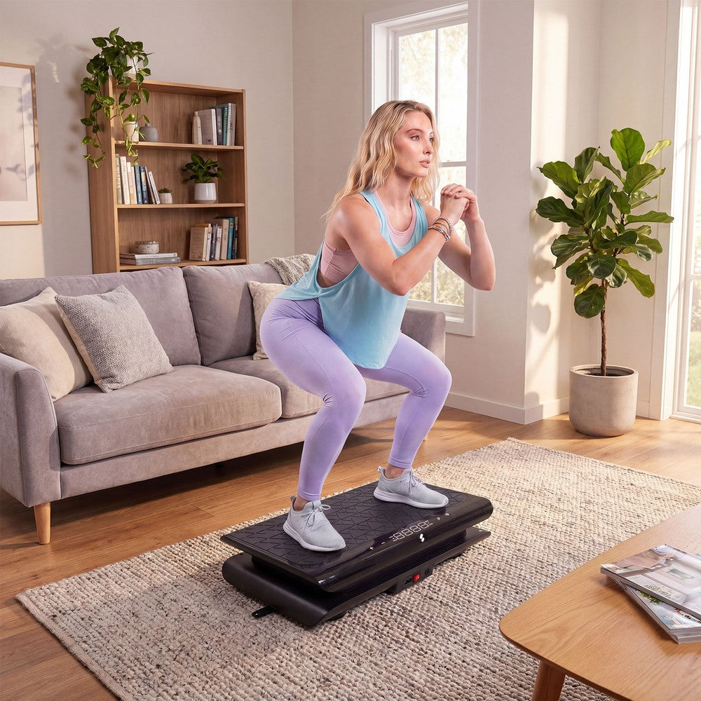 Sportstech sVibe Lite Vibrationsplatte im Wohnraum, Frau bei Kniebeugen