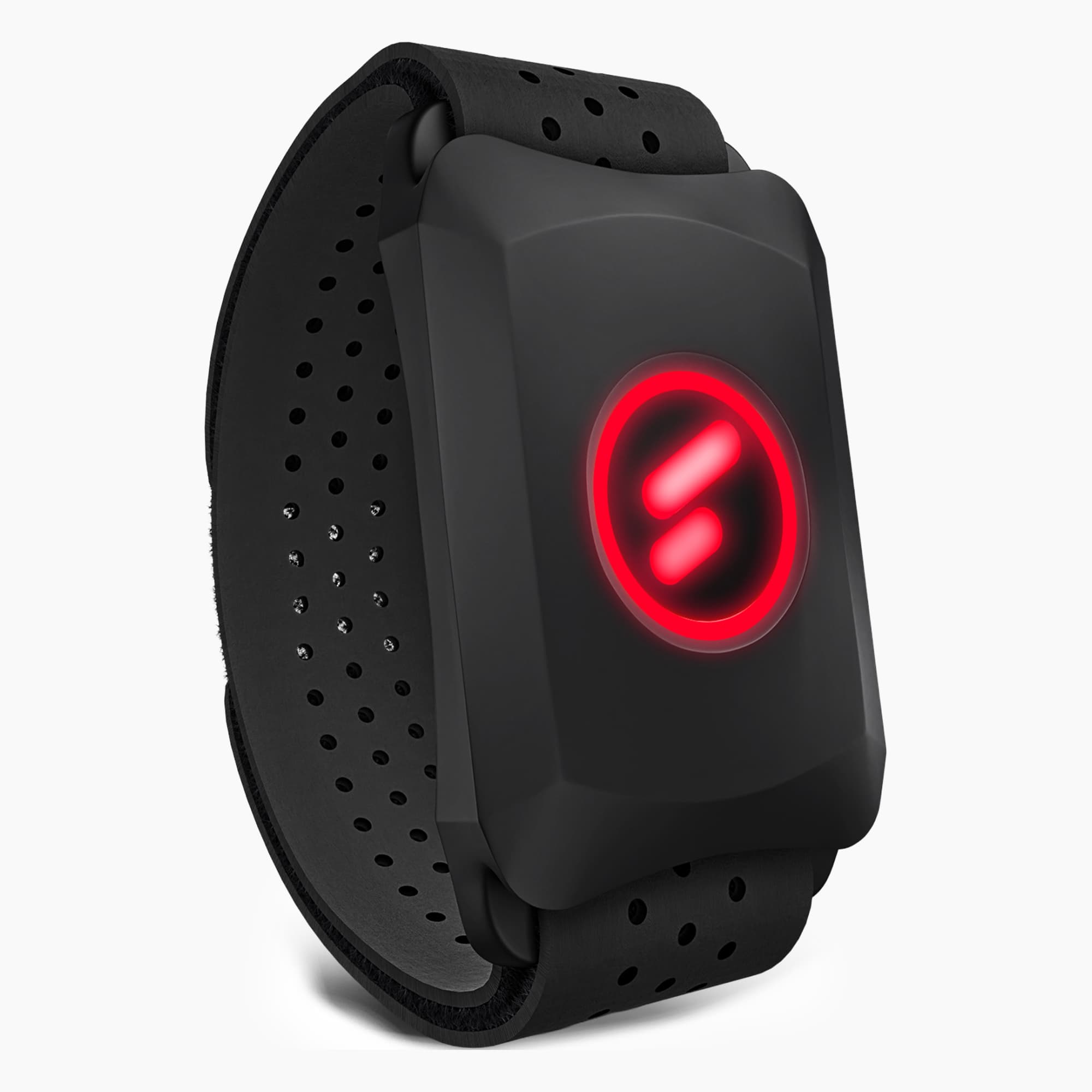 sPulse Herzfrequenzsensor mit perforiertem Armband, rot leuchtendes Logo auf schwarzem Sensormodul, 3/4-Ansicht