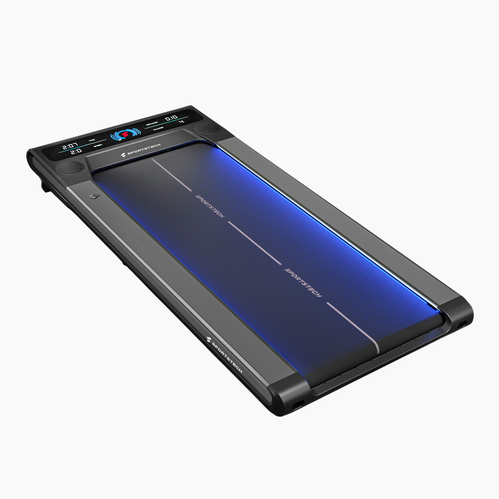 sWalk Walking Pad in 3/4-Ansicht mit blau beleuchteter Lauffläche und Display mit Trainingswerten