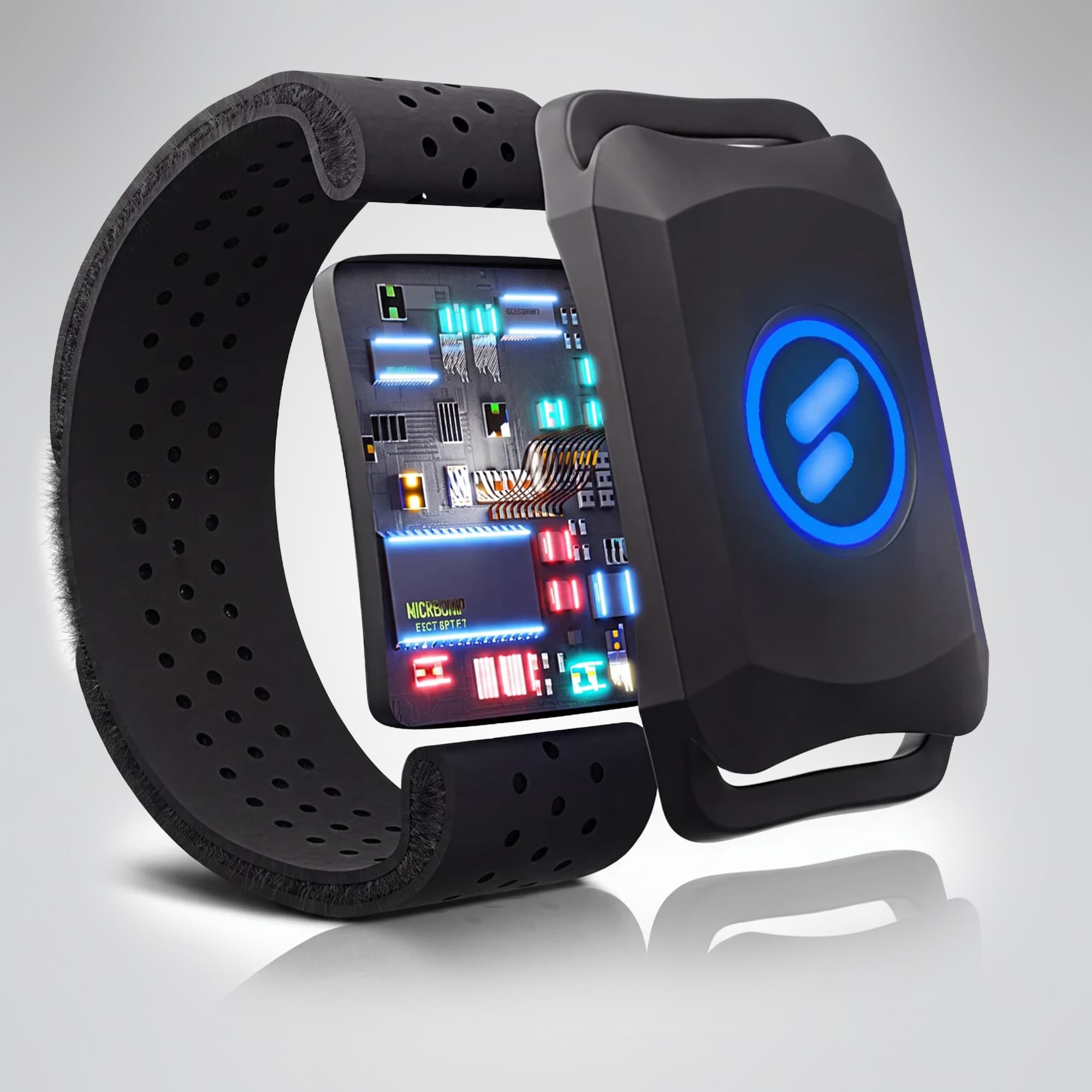 sPulse Sensor mit geöffnetem Armband, freigelegte Platine sichtbar, blau leuchtendes Logo, 3/4-Ansicht