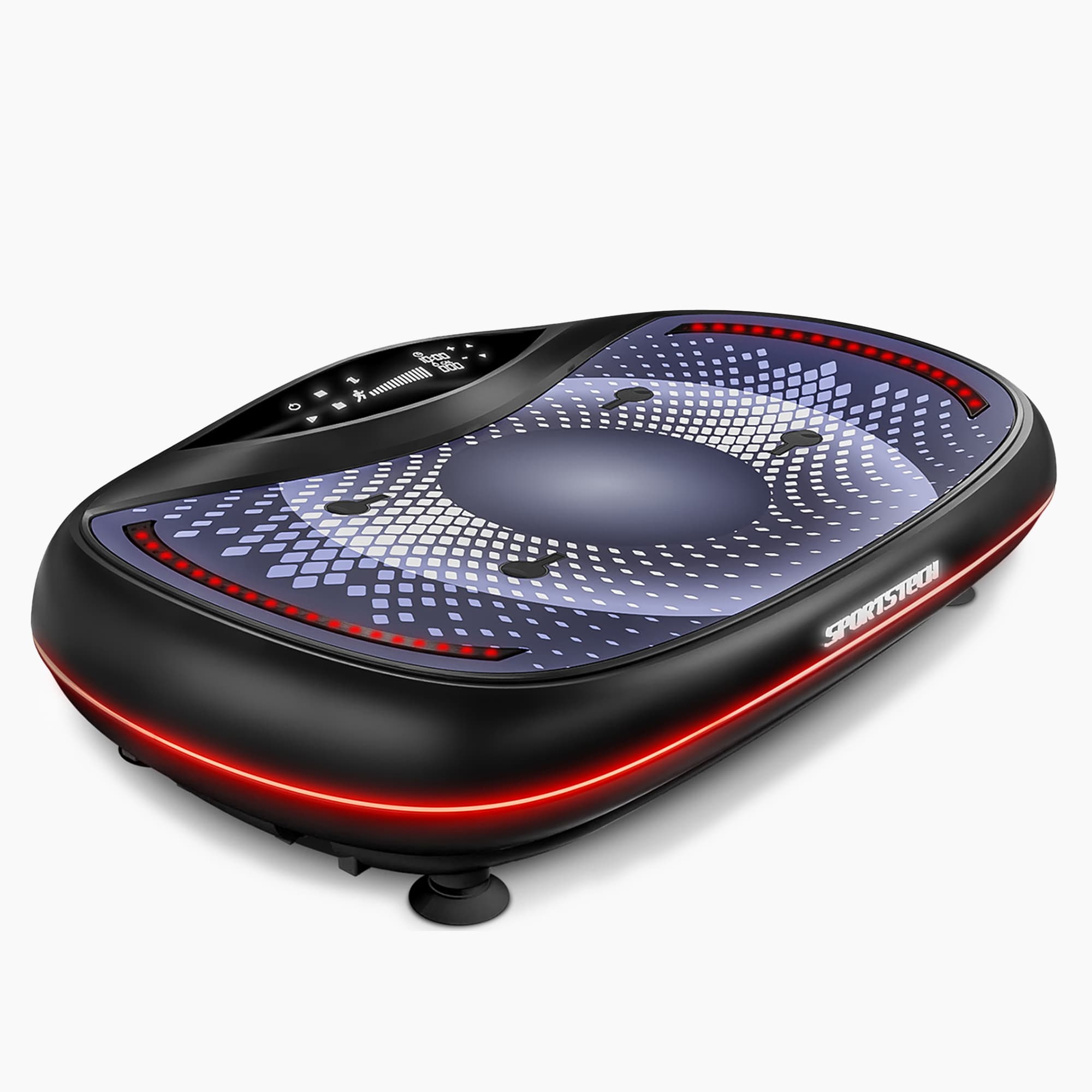 VP500 Vibrationsplatte in 3/4-Ansicht mit rot leuchtendem LED-Rand und blauem Trittflächen-Design
