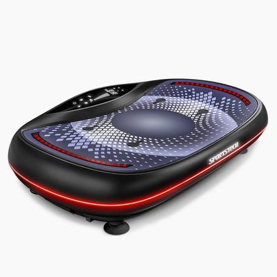 VP500 Vibrationsplatte in 3/4-Ansicht mit rot leuchtendem LED-Rand und blauem Trittflächen-Design