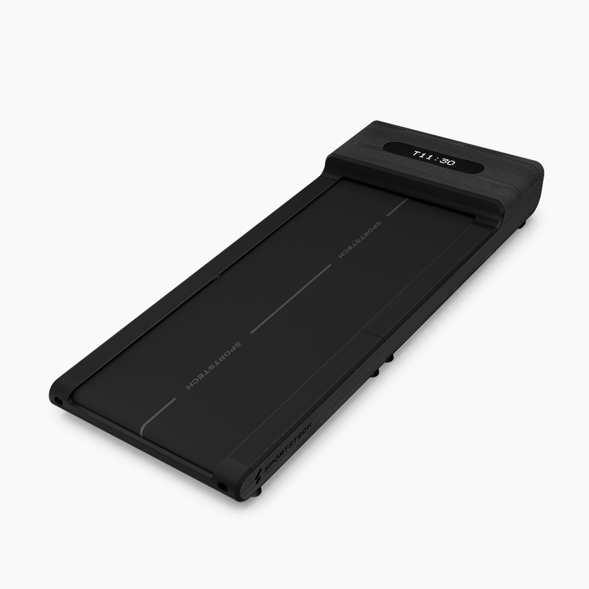 WoodPad Pro Laufband in Grau, 3/4-Ansicht von oben mit LED-Display