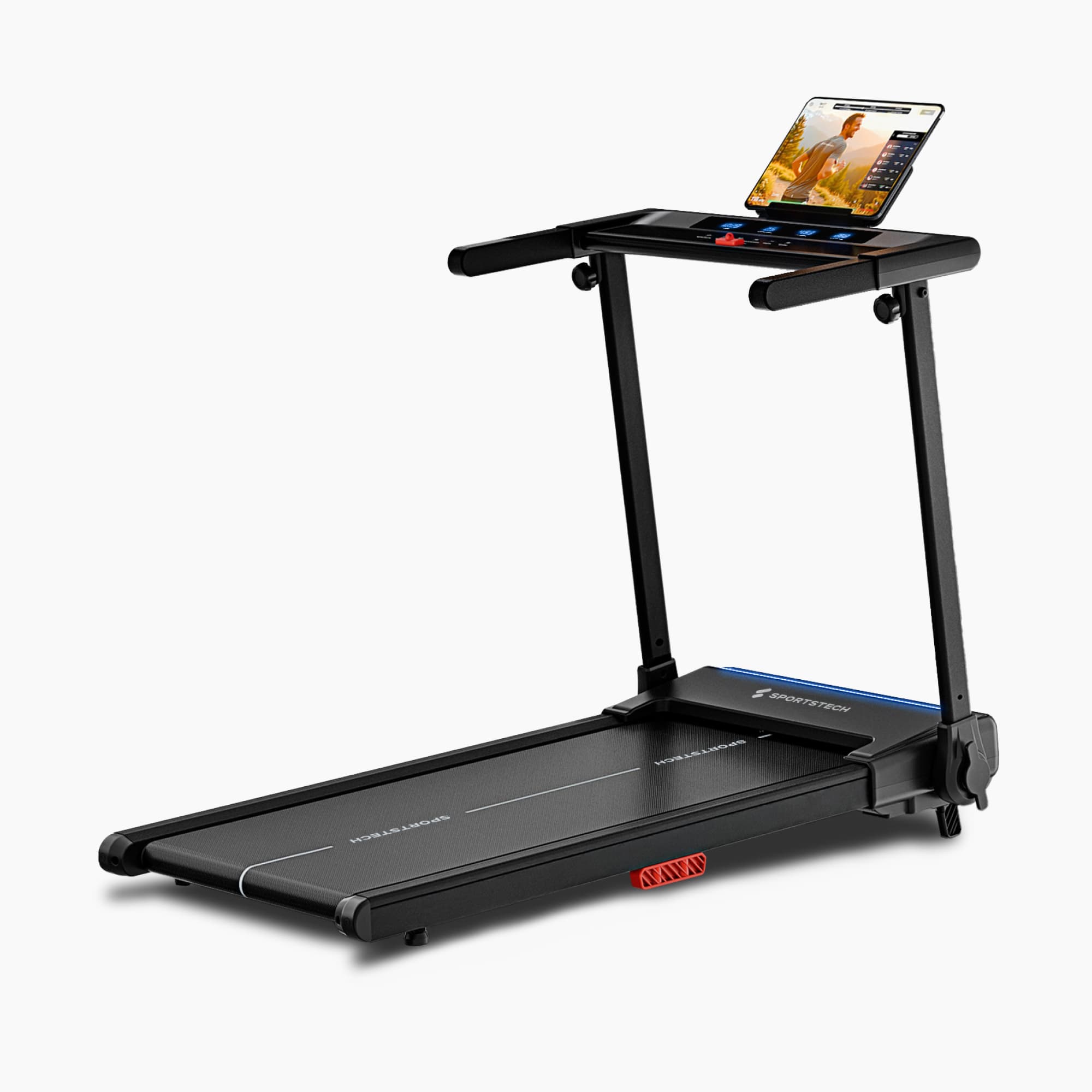 sProRun Laufband in 3/4-Ansicht mit Tablet-Halterung, Touch-Konsole und blauem LED-Streifen an der Front