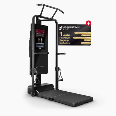 sGym Pro Kraftstation schräg mit Touchscreen, Klimmzugstange und Kabelzuggriffen, Störer für ein Jahr Premium-Zugang