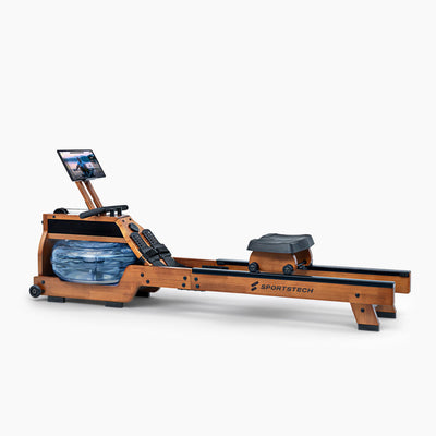 WRX500 Wasserrudergerät aus Holz in 3/4-Ansicht mit blauem Wassertank, Tablet-Halterung und Sitz