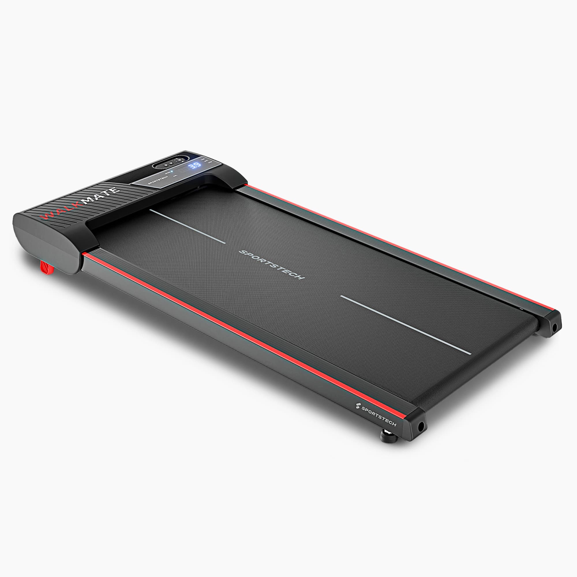 Walkmate Walking Pad in 3/4-Ansicht mit flachem Rahmen, roten Seitenleisten und LED-Display