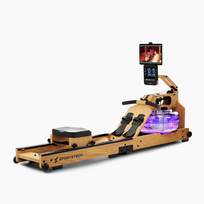 WRX1000 Wasserrudergerät hellbraun in 3/4-Ansicht, lila beleuchteter Wassertank, Tablet auf Halterung