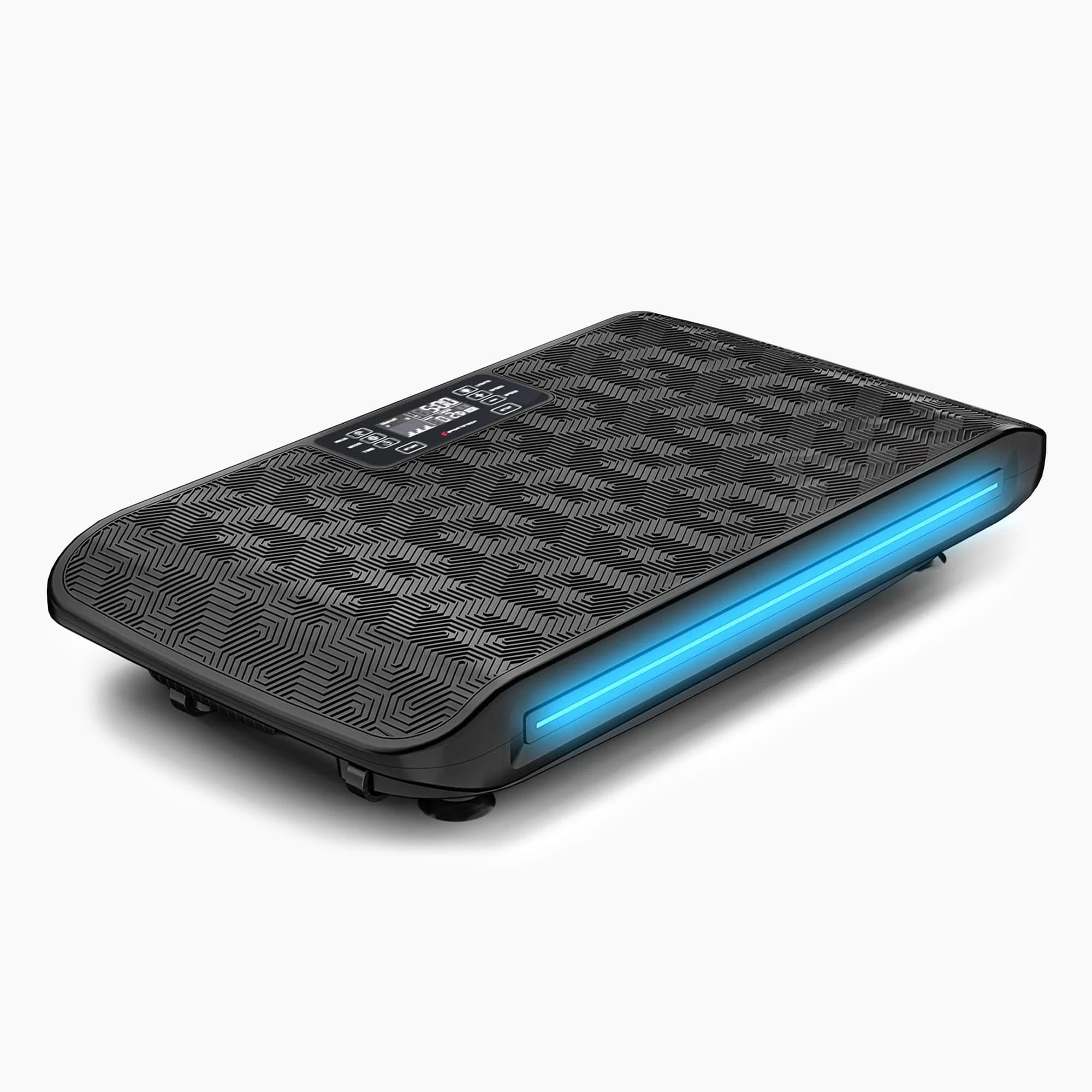 sVibe Vibrationsplatte in 3/4-Ansicht mit gemustertem Trittbelag und blau leuchtendem Rand