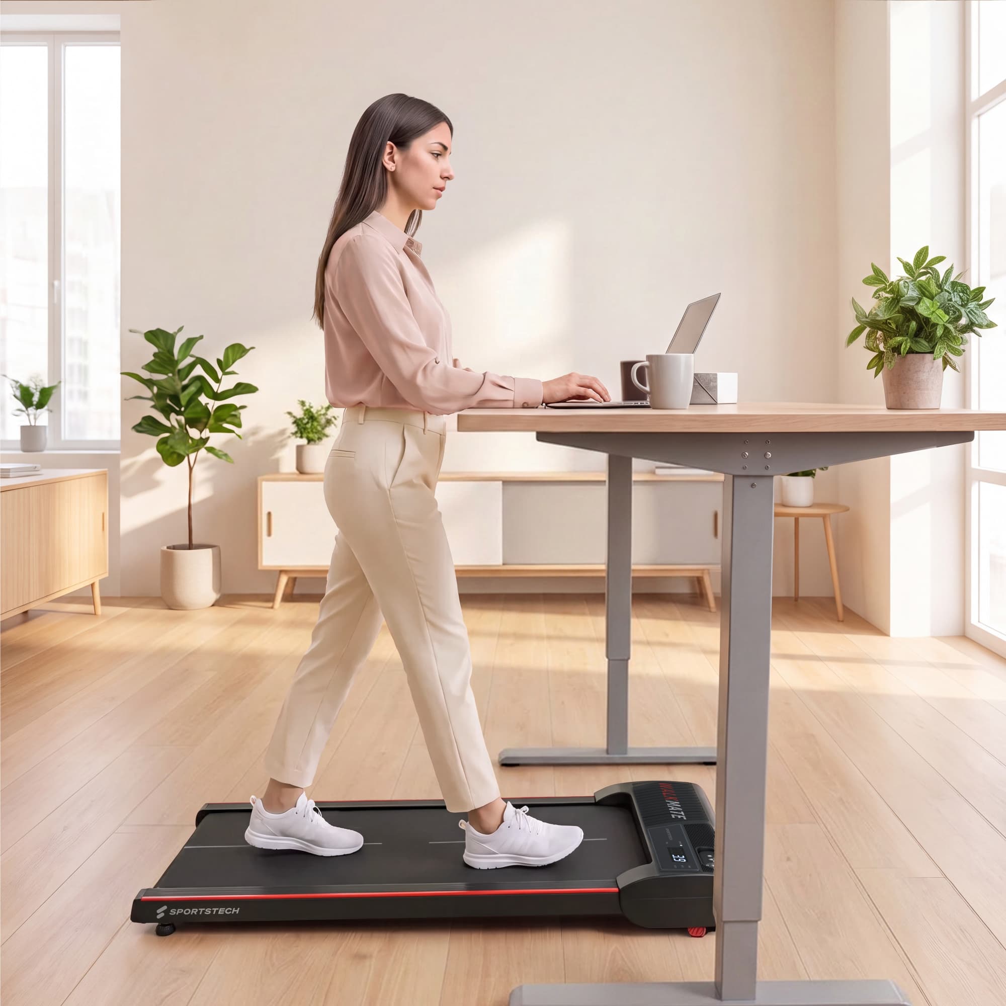 Frau geht auf dem Walkmate Walking Pad unter einem Stehschreibtisch mit Laptop