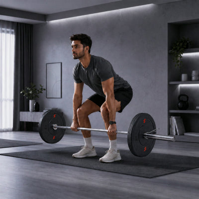 Mann in der Startposition des Kreuzhebens an der Langhantel mit 10-kg-Scheiben im grauen Homegym