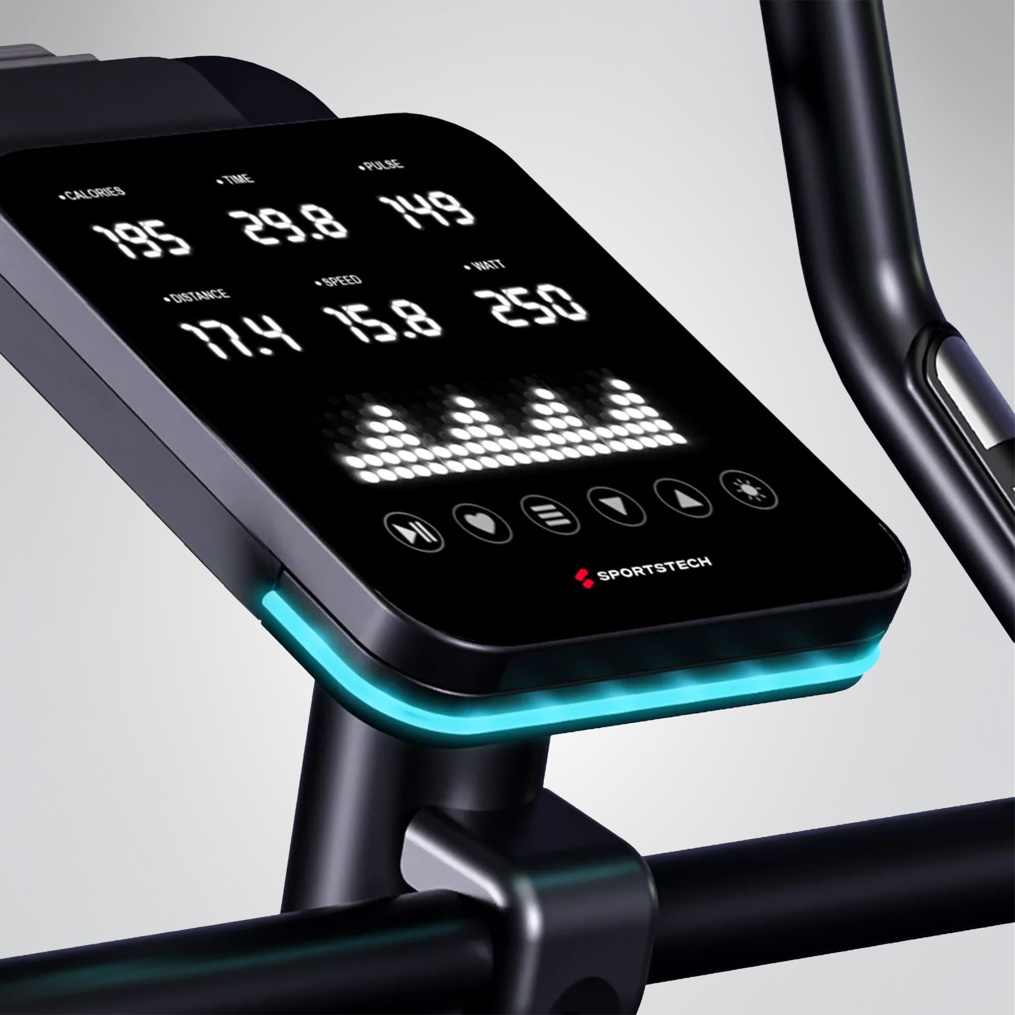 Nahaufnahme des CX700-Displays mit Trainingswerten, Touch-Tasten und türkiser LED-Beleuchtung