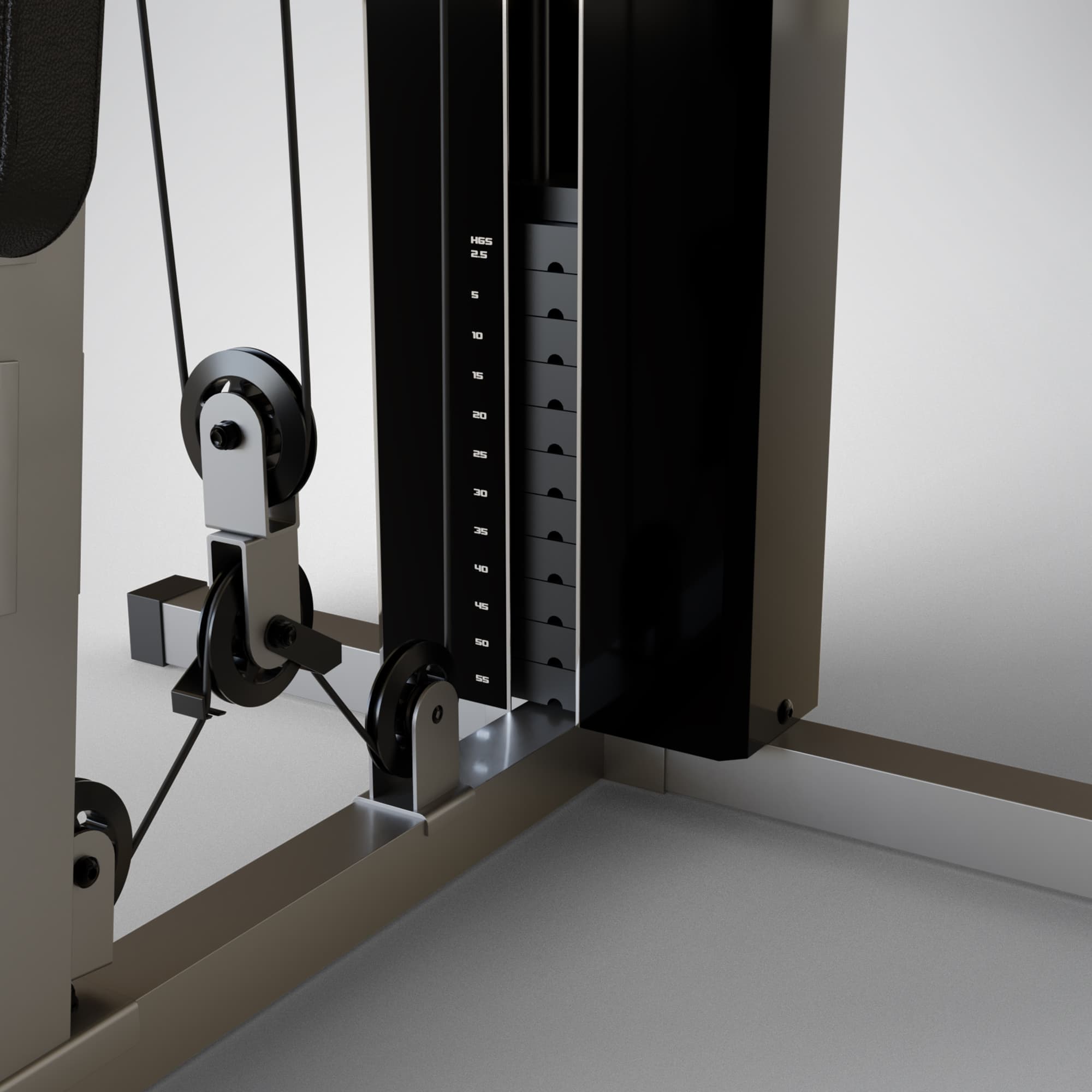 Detailaufnahme des Steckgewichtsblocks der HGX200 mit Umlenkrollen und Gewichtsskala von 2,5 bis 55 kg
