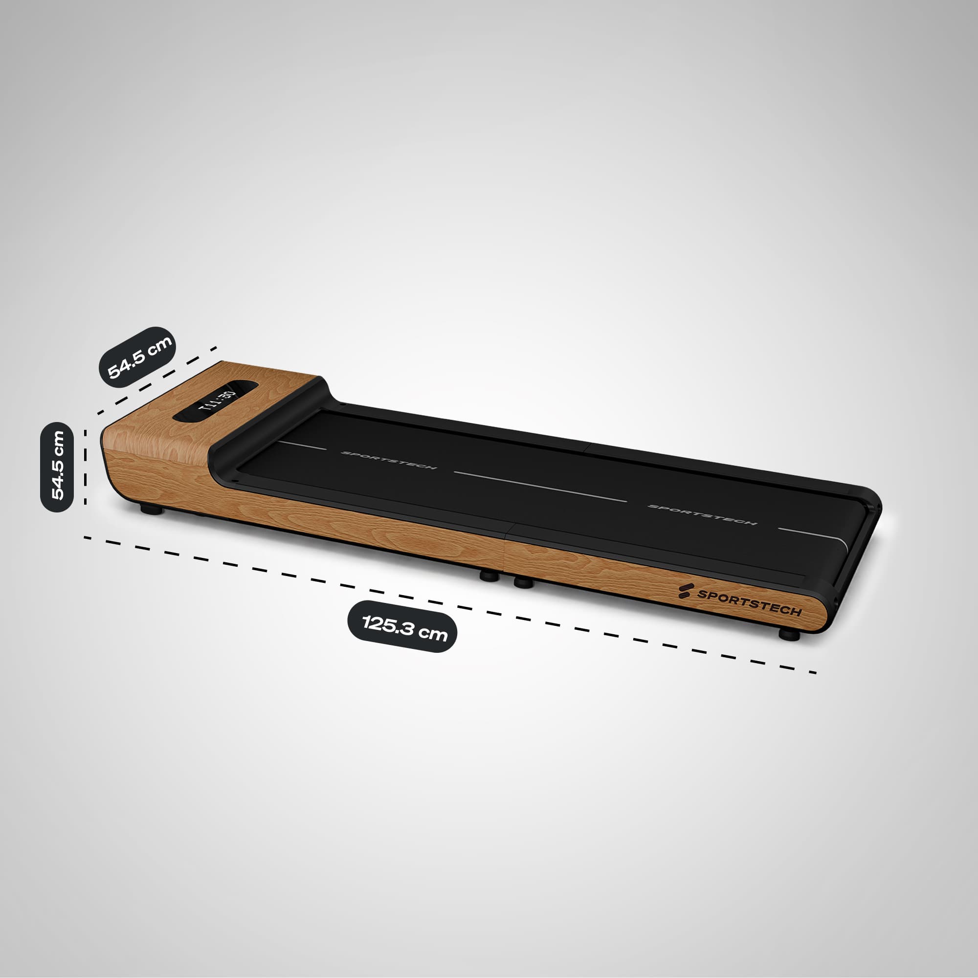 Hellbraunes WoodPad Pro seitlich mit Maßangaben 125,3 cm Länge und 54,5 cm Breite