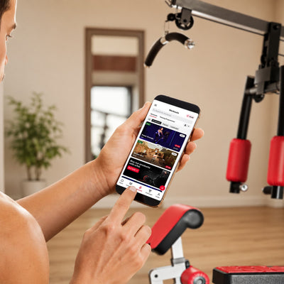 Hand hält Smartphone mit geöffneter Workout-App vor der HGX100 Kraftstation mit roten Polstern