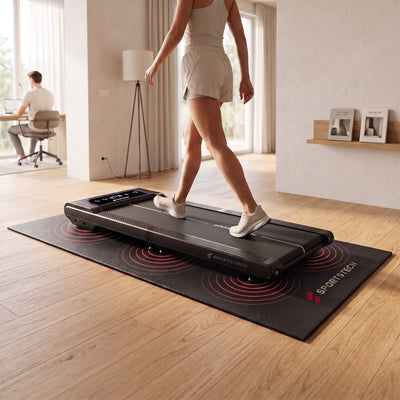 Walking Pad auf der mittleren Bodenschutzmatte, rote Wellen zeigen die gedämpften Vibrationen