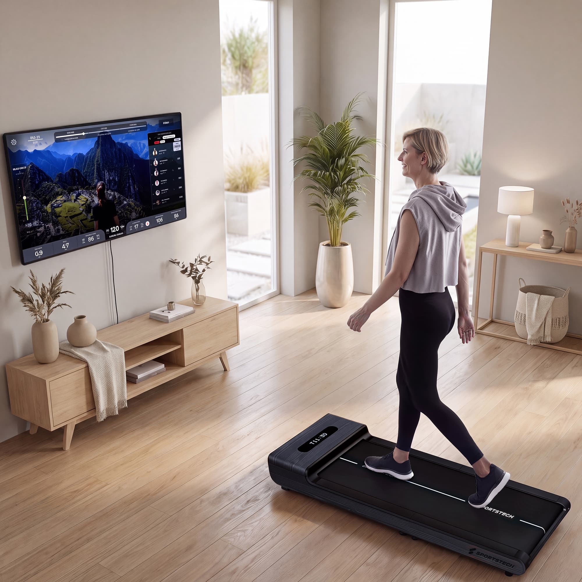 Frau geht auf grauem WoodPad Pro im Wohnzimmer, an der Wand Trainings-Display