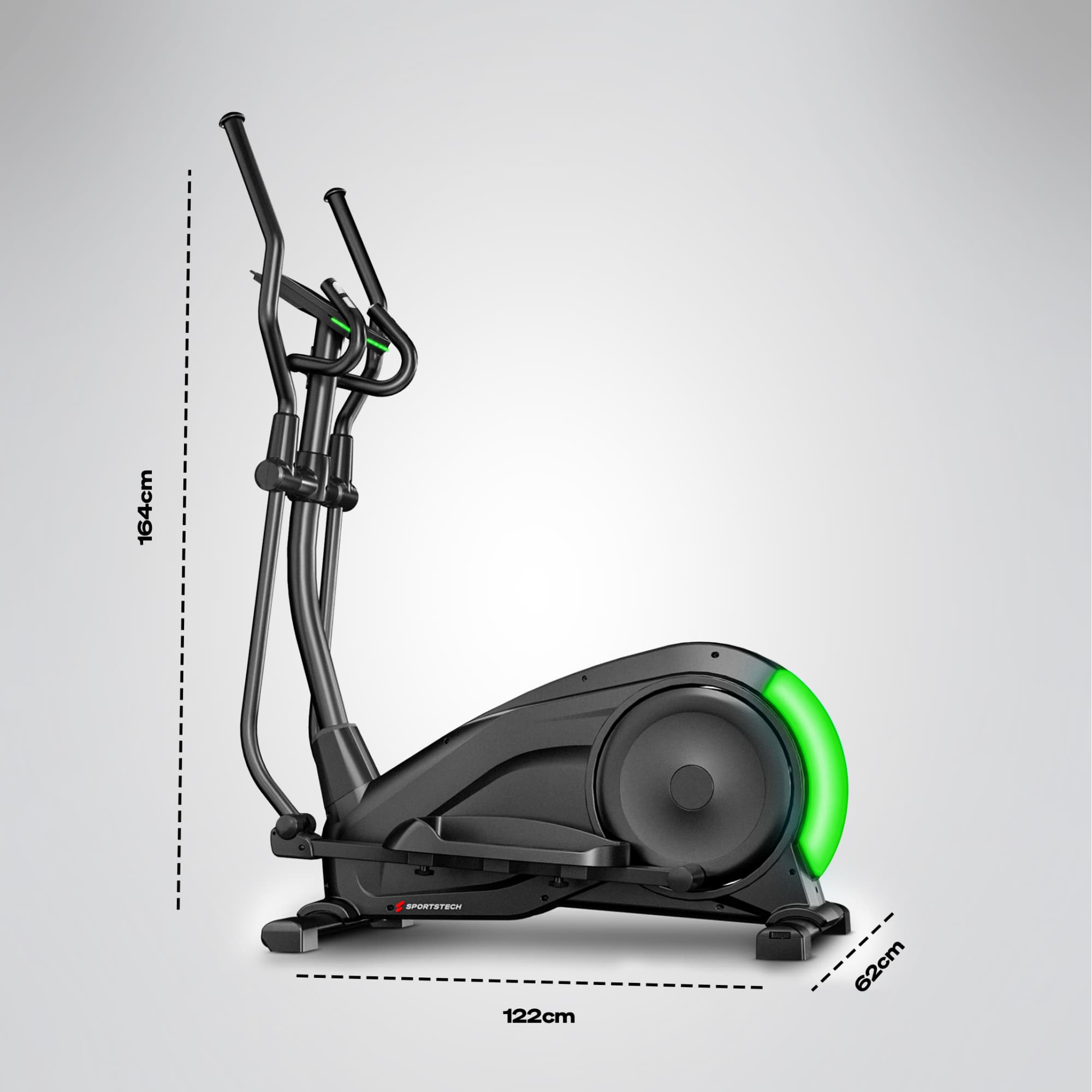 Seitenansicht des CX700 Crosstrainers mit Maßangaben 164 cm Höhe, 122 cm Länge, 62 cm Breite