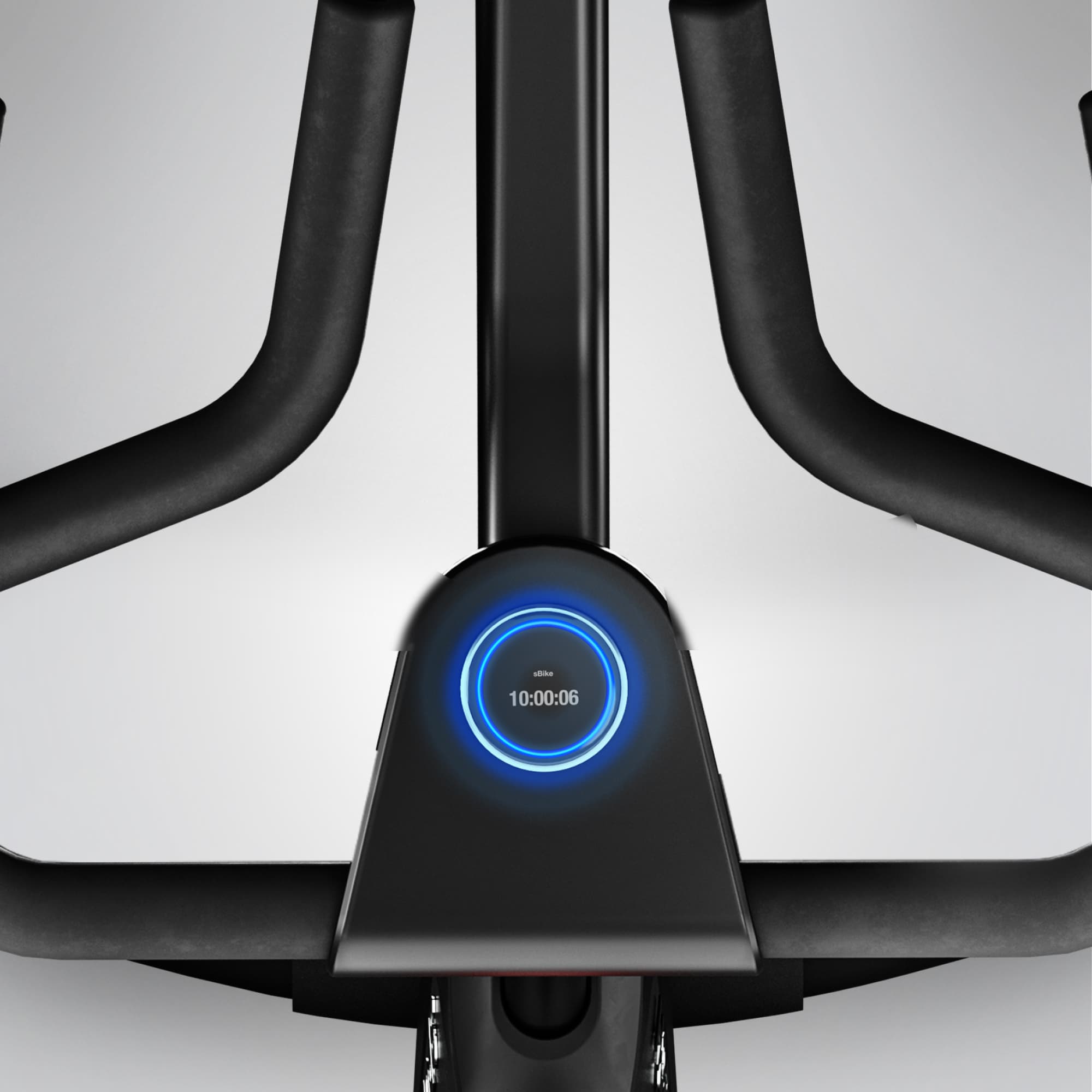 Frontale Nahaufnahme des sBike Lite Lenkers mit blau beleuchtetem Display, das 10:00:06 anzeigt