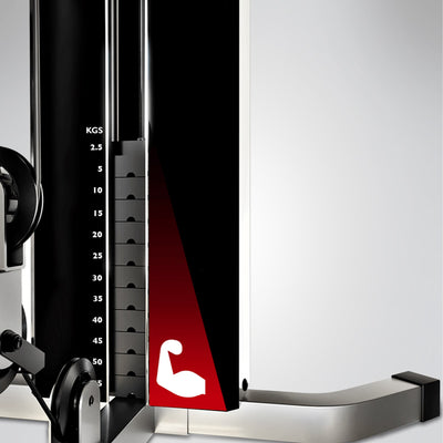 Nahaufnahme des Gewichtsblocks der HGX100 mit KGS-Skala von 2,5 bis 55 und weißem Bizeps-Symbol