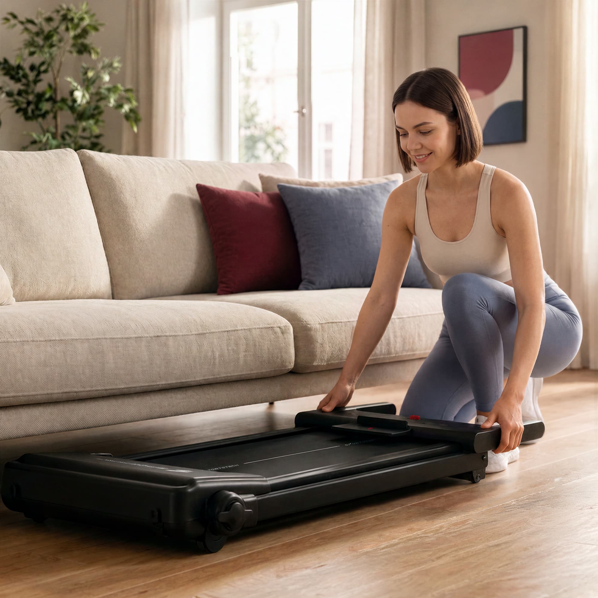 Frau klappt das sProRun Laufband zusammen und verstaut es flach neben dem Sofa im Wohnzimmer