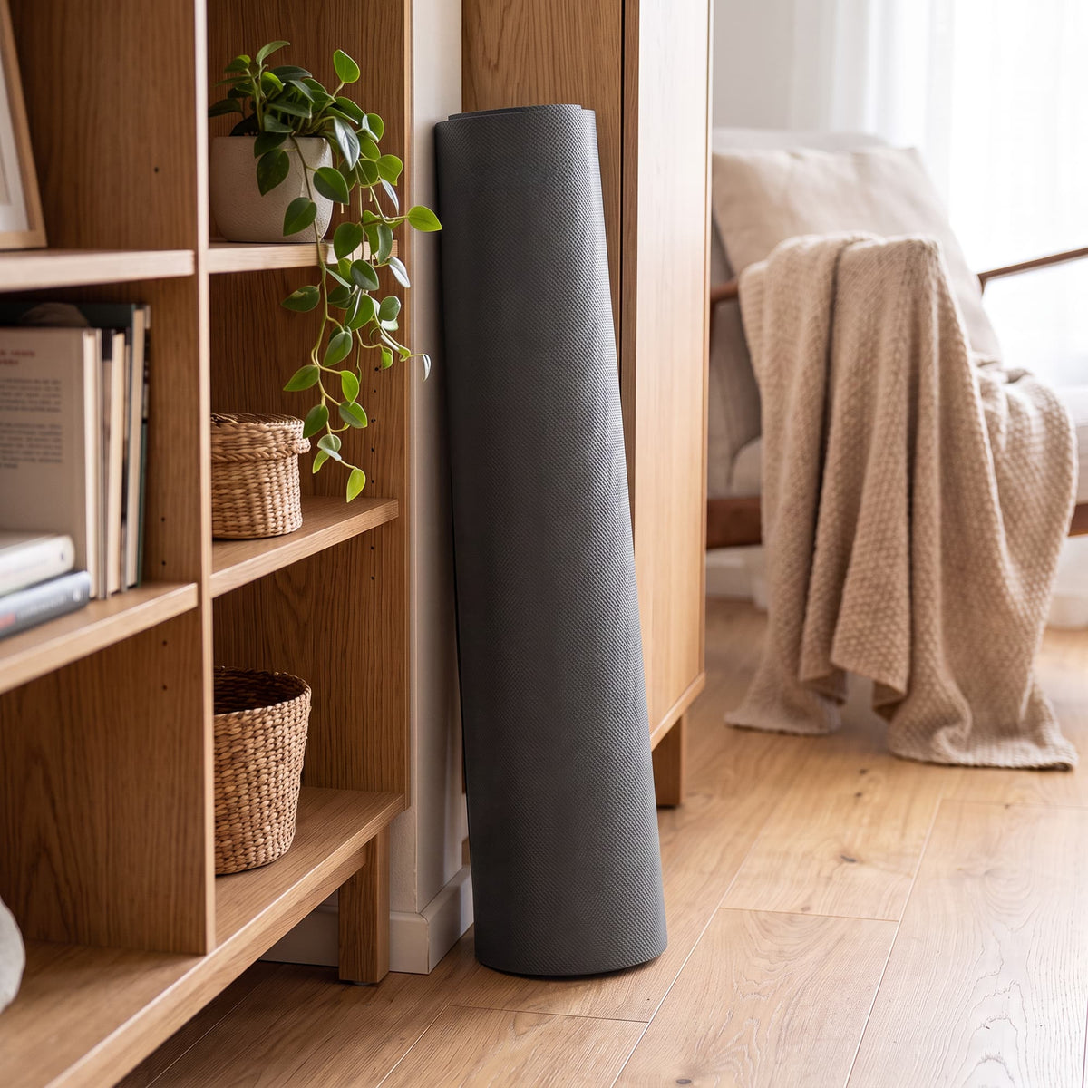 Große Bodenschutzmatte aufgerollt und platzsparend neben einem Holzregal verstaut