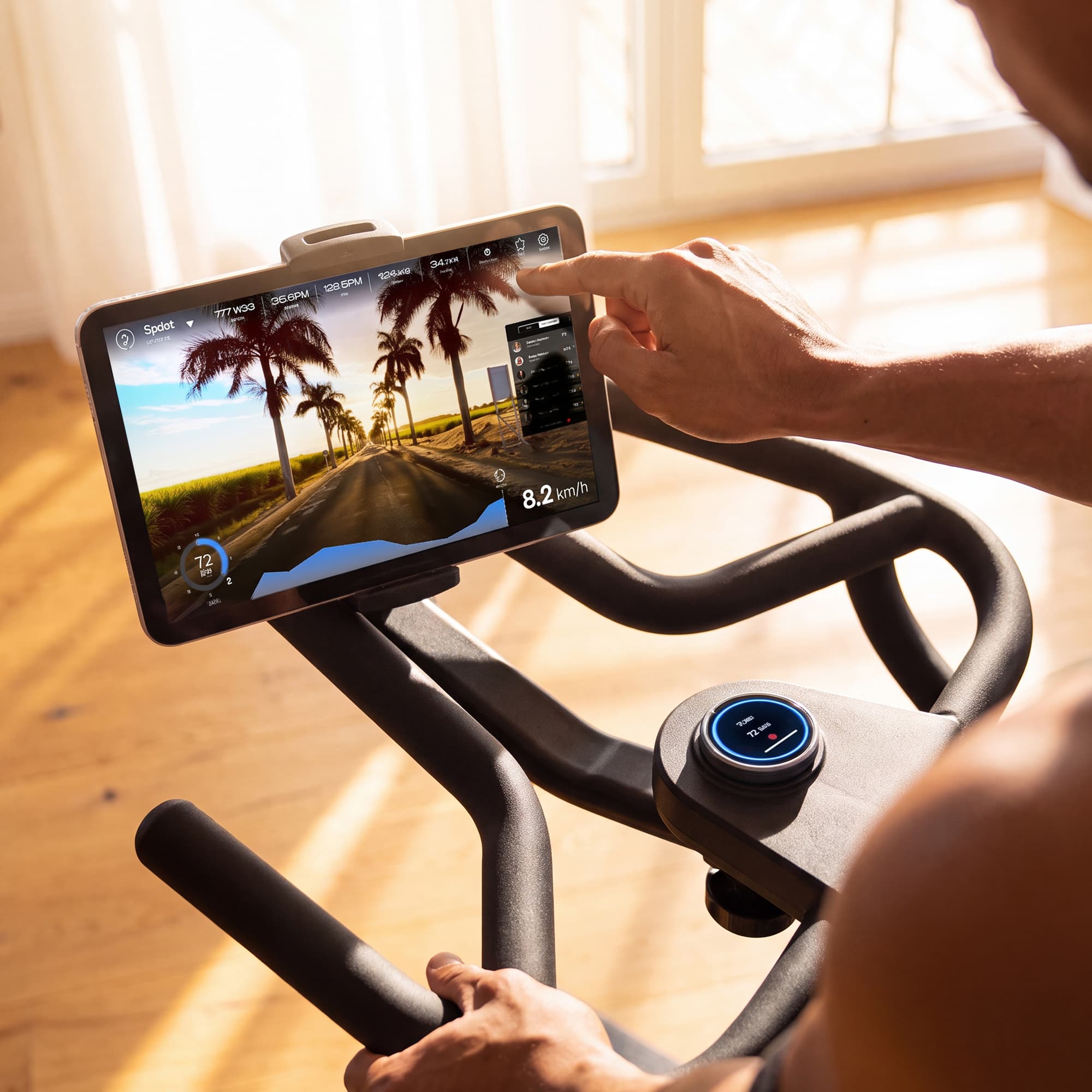 Hand bedient das Tablet am sBike Lite mit Streckenvideo, Drehregler und Lenkergriff im Detail