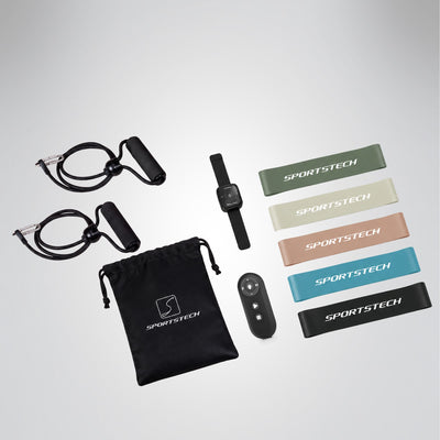 Zubehör der sVibe Vibrationsplatte: Zugbänder, fünf Loops, Armband-Fernbedienung, Remote und Tasche
