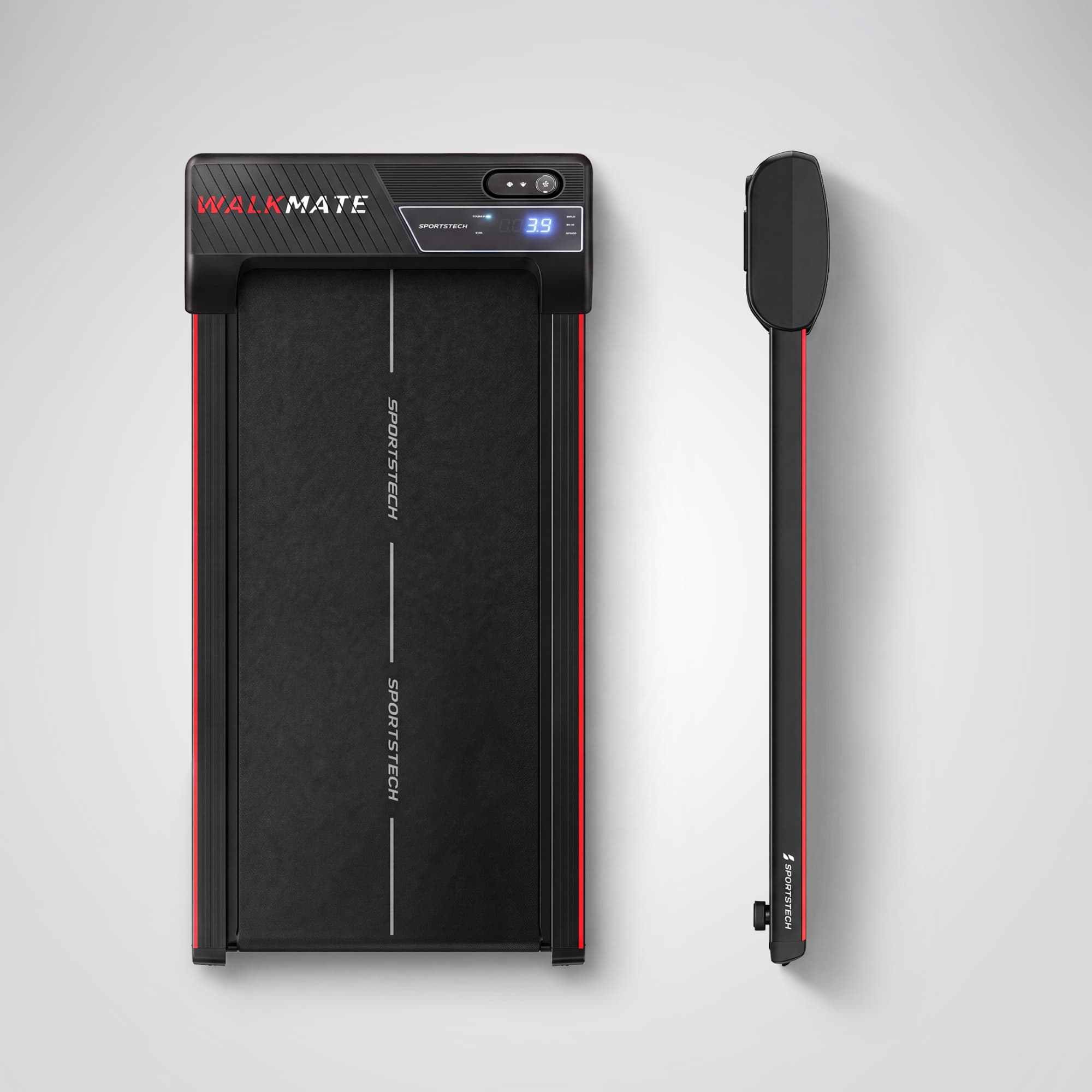 Walkmate Walking Pad in Draufsicht und Seitenansicht, zeigt flache Bauhöhe mit LED-Display