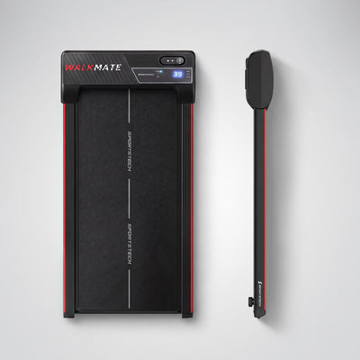 Walkmate Walking Pad in Draufsicht und Seitenansicht, zeigt flache Bauhöhe mit LED-Display
