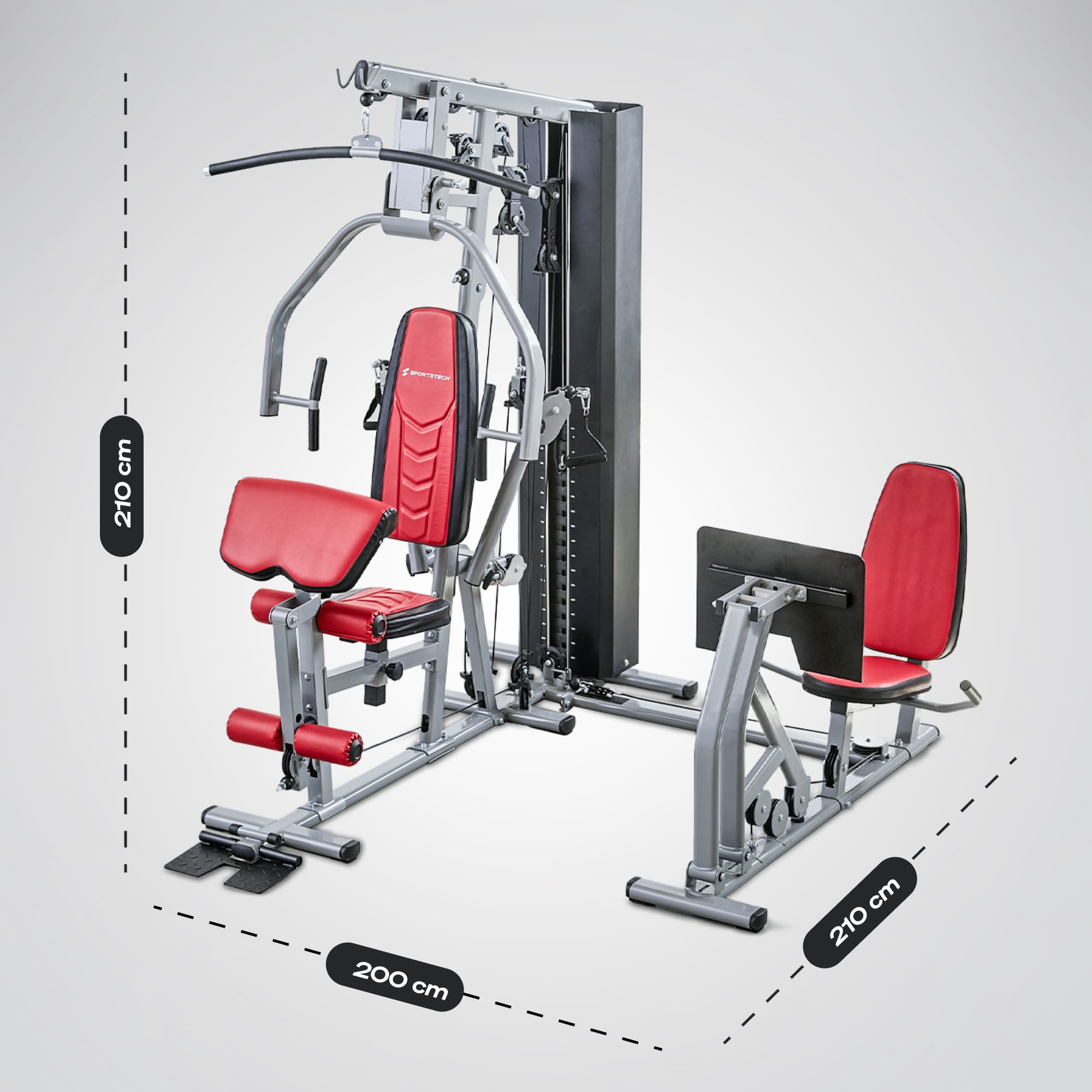 HGX300 Kraftstation mit Maßangaben 200 cm Breite, 210 cm Tiefe und 210 cm Höhe