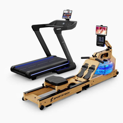 sTread Lite Laufband und WRX1000 Wasserrudergerät aus Holz nebeneinander als freigestelltes Set